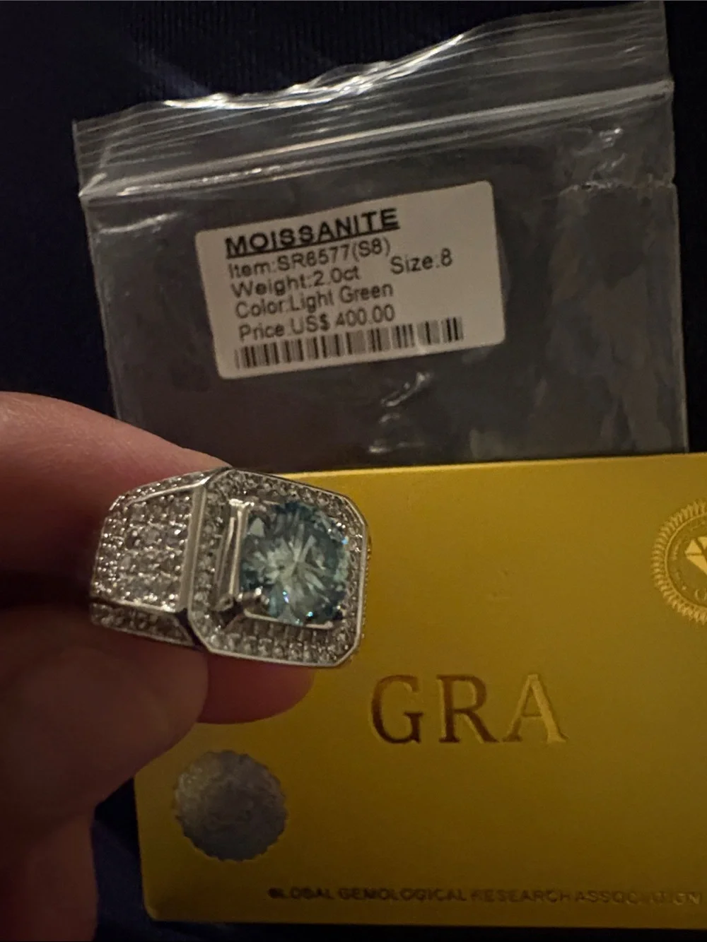 Moissanite Light Green/turquoise unisex Ring - Size 8